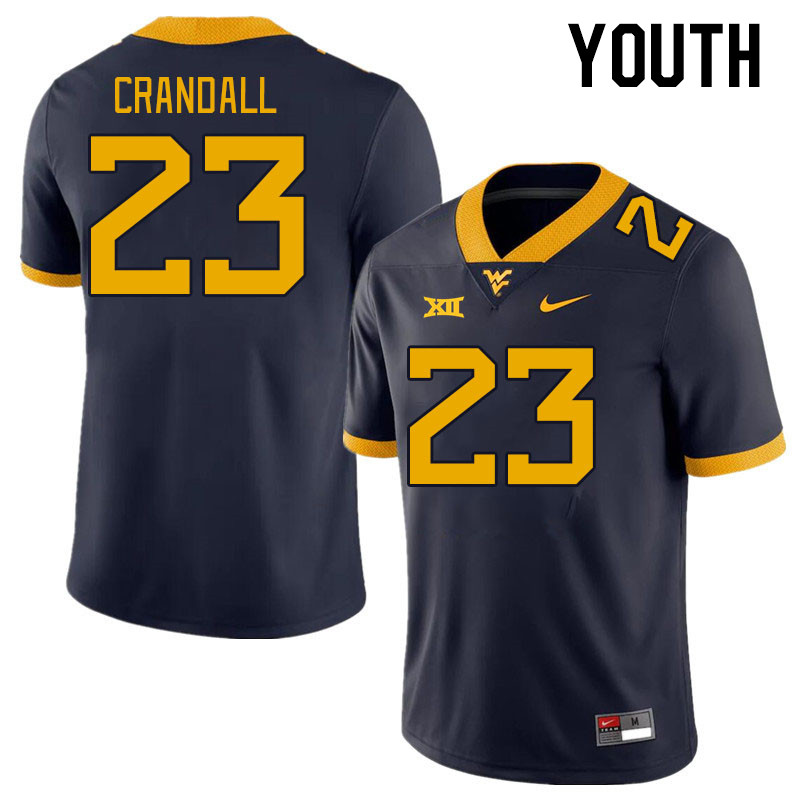 Youth #23 TJ Crandall West Virginia Mountaineers College Football Jerseys Stitched Sale-Navy